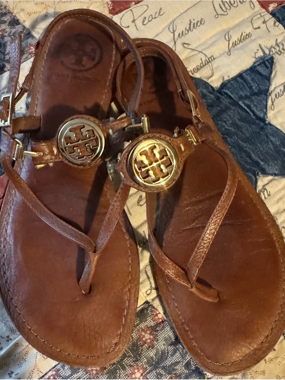 Tory Burch Brown Leather Thong Sandals with Gold Logo Medallions